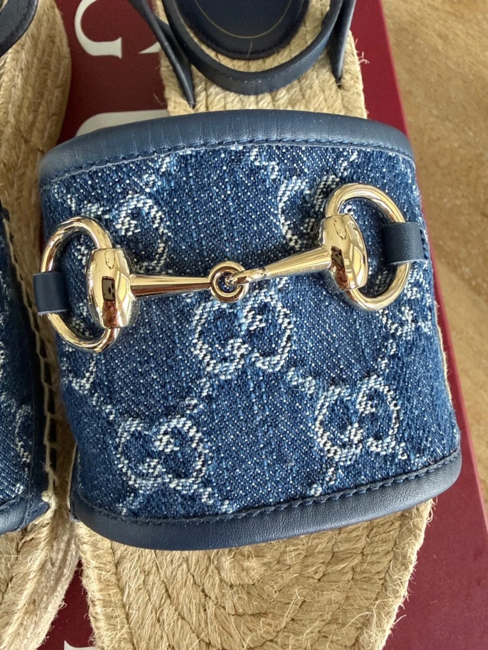 NWT dust bag authentic Gucci Blue Denim GG Horsebit Espadrille Sandals - Picture 3 of 9